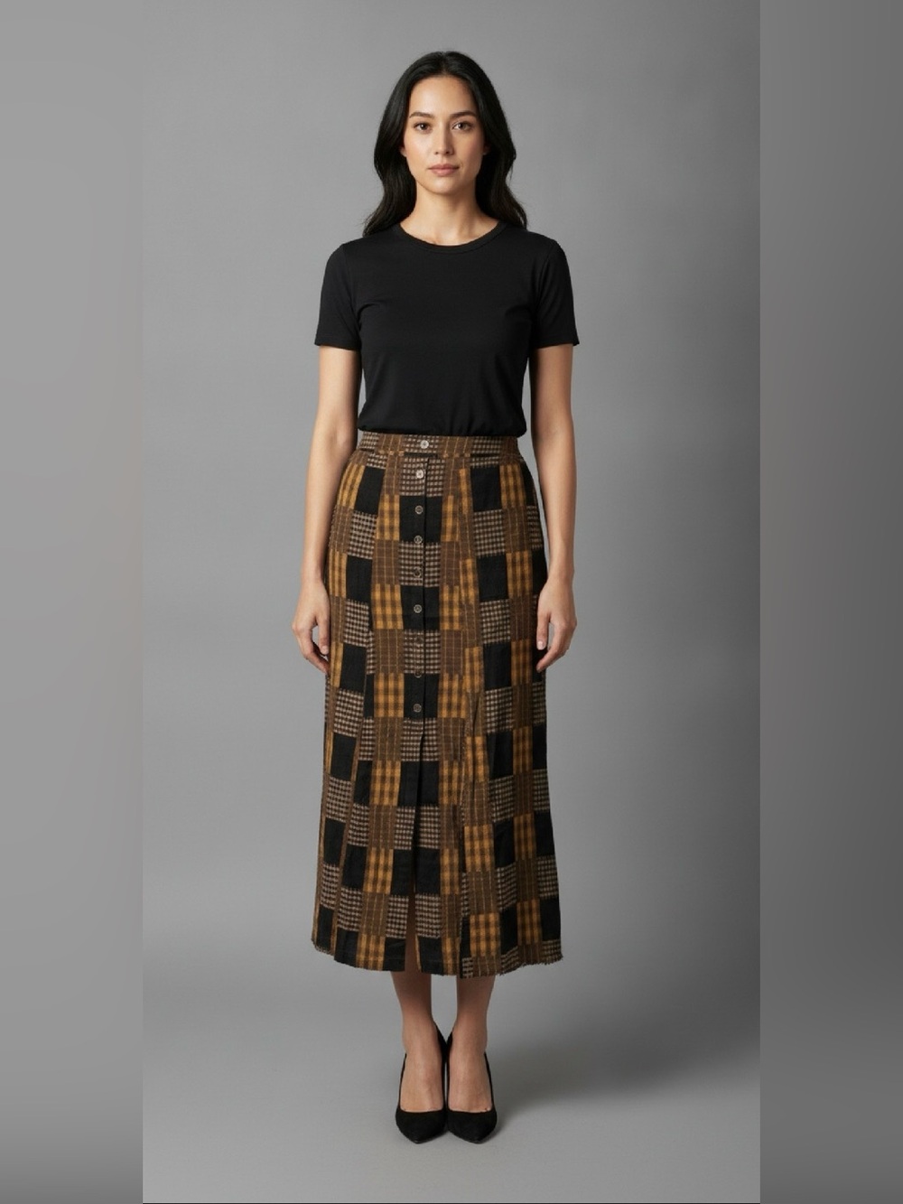 MYSTREE PLAID MIDI SKIRT BLACK BROWN LARGE